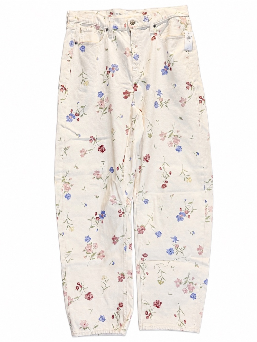 Old Navy Floral Print Barrel Leg Jeans Women’s Cream High Rise Wide Leg 14 Tall